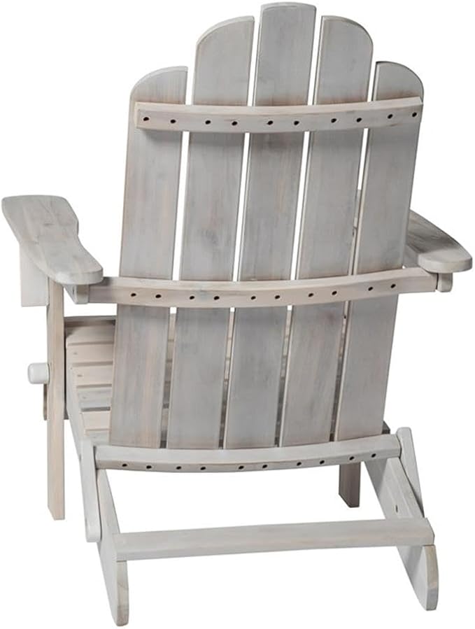 Pemberly Row Outdoor Acacia Wood Adirondack Chair, White Wash Finish, 38 x 22 x 29 in, Classic Design with Wine Glass Holder, Durable Patio Seating for Backyard, Deck, or Garden