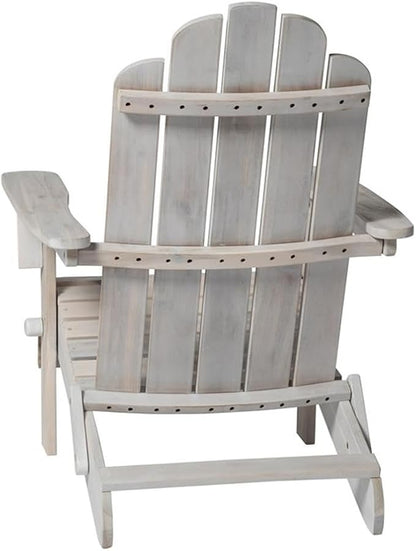 Pemberly Row Outdoor Acacia Wood Adirondack Chair, White Wash Finish, 38 x 22 x 29 in, Classic Design with Wine Glass Holder, Durable Patio Seating for Backyard, Deck, or Garden