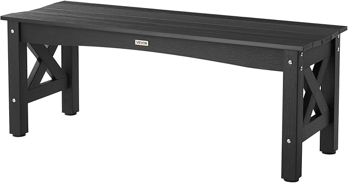 VEVOR Outdoor Bench, 44.5 inch, 600 lbs Weight Capacity, Weatherproof Plastic Frame with Adjustable Level Footpads and Thick Leg, Outside Bench for Patio, Garden, Park, Yard, Front Porch, Black