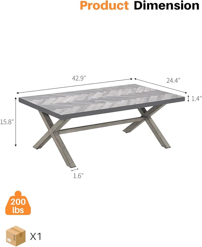 Aluminum Outdoor Coffee Table, All-Weather Rectangle Patio Coffee Table with Resin Tabletop, Modern Aluminum Outdoor Furniture Table for Patio, Poolside, Garden, Balcony, Limed Oak