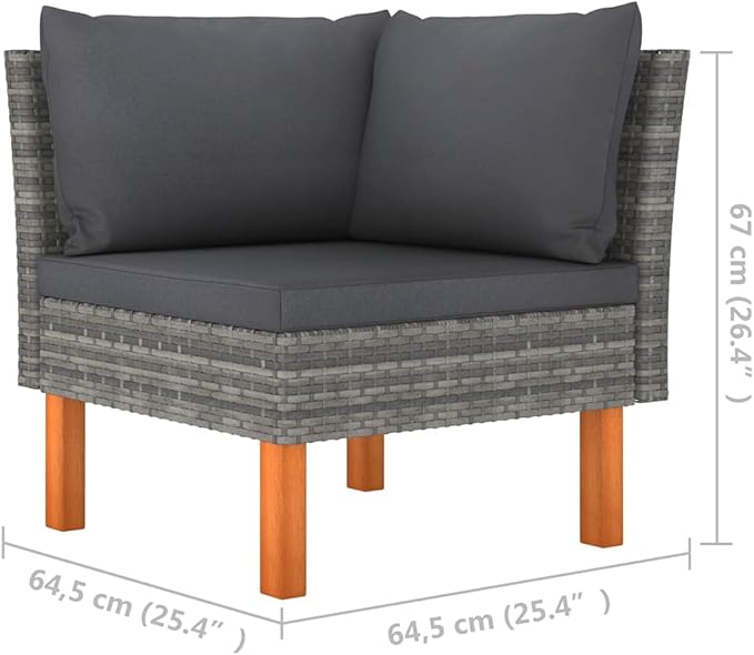 Modular Grey Outdoor Sofa Set, 25.4x25.4x26.4 in Poly Rattan Patio Sectional with Eucalyptus Legs, Versatile Balcony Couch for Garden, Terrace, Poolside