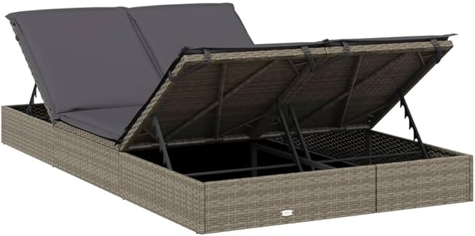 2-Person Grey PE Rattan Chaise Lounge, 79"x43" Steel Frame Poolside Sunbed, Adjustable Backrest, Removable Cushions - Photo 8