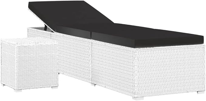 Sun Lounger with Cushion and Tea Table,Lounge Chair,Pool Chairs,Outdoor Chaise,Pool Furniture,Weather-Resistant,Easy to Maintain,Both Sides of Sunlounger Adjustable,Poly Rattan White