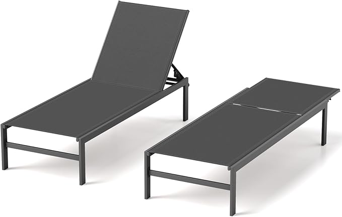 HAPPYGRILL Aluminum Chaise Lounge Chair, Heavy-Duty Patio Recliner W/ 6-Level Backrest & Breathable Fabric, Outdoor Lightweight Reclining Lounge Chair for Backyard, Poolside, Porch (2, Grey)