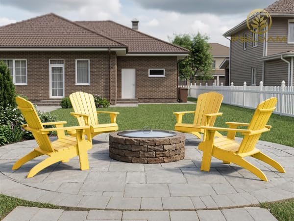 Psilvam Adirondack Chair, Oversized Poly Lumber Fire Pit Chair with Cup Holder, 350Lbs Support Patio Chairs for Garden, Weather Resistant Adirondack Chair Looks Like Real Wood (2, Yellow)