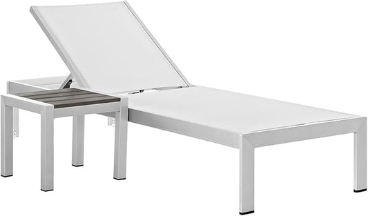 Modway Shore Aluminum Textilene® Mesh Outdoor Patio Poolside Chaise Lounge Chair and Side End Table Set in Silver White