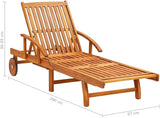 Acacia Wood Outdoor Chaise Lounge with Wheels, Adjustable Backrest, Beige Cushion, 78.7" Seat Depth - Photo 2