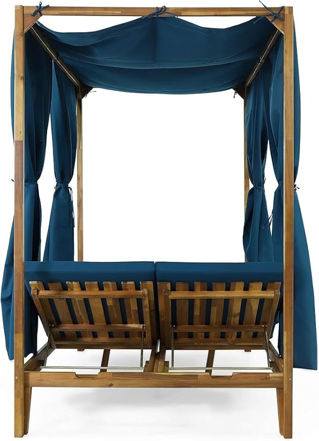 Christopher Knight Home Kenzie Acacia Wood Outdoor Daybed with Canopy, Double Chaise Lounge Chair Outdoor with Cushion - Photo 6