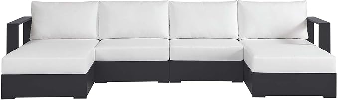 Modway Tahoe Aluminum 4-Piece Outdoor Patio Furniture Gray White, Modular Sectional Sofa Set with Chaise Lounges, Weather-Resistant Cushion, Ideal for Deck, Backyard, Poolside