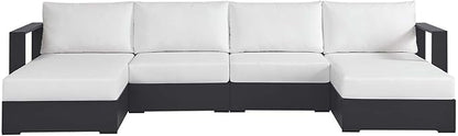 Modway Tahoe Aluminum 4-Piece Outdoor Patio Furniture Gray White, Modular Sectional Sofa Set with Chaise Lounges, Weather-Resistant Cushion, Ideal for Deck, Backyard, Poolside