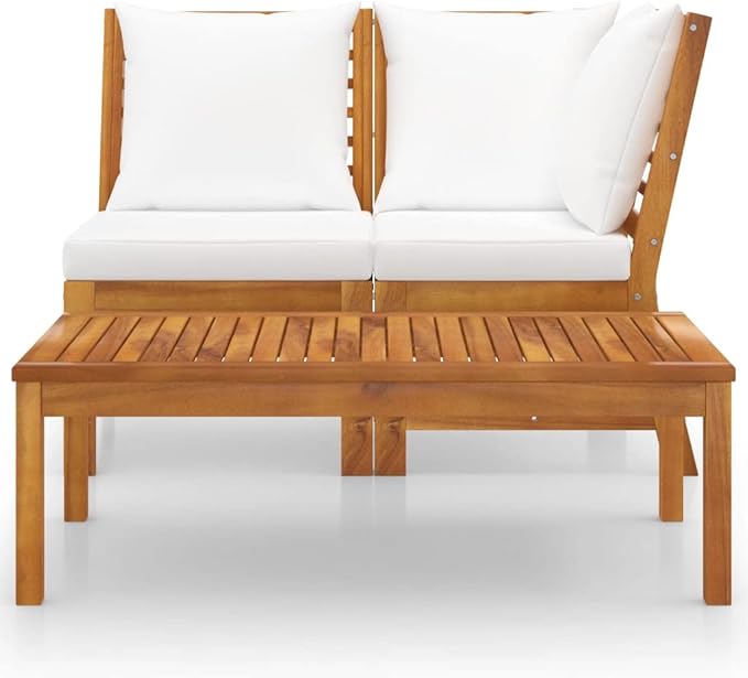 3-Piece Outdoor Sectional Sofa Set with Cream Cushions Solid Acacia Wood Patio Furniture for Garden Backyard Lounge - Photo 2
