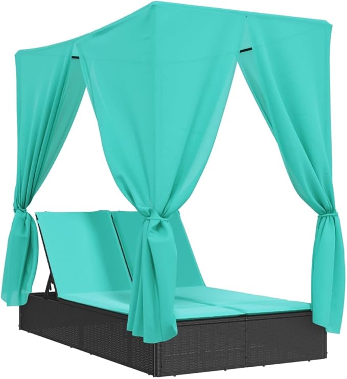78.7"x44.9" Double Chaise Lounge Outdoor with Roof Turquoise Cushions Black PE Rattan Patio Furniture Adjustable Backrest Curtains for Balcony Garden