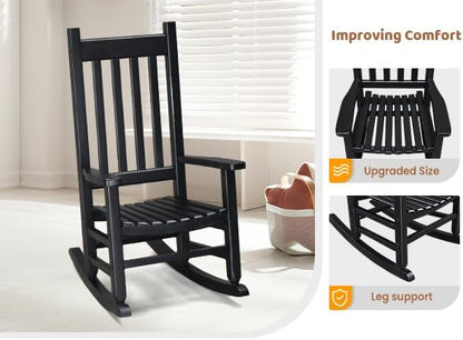 Outvita Wood Children's Rocking Chair, Perfect for Indoor or Outdoor All-Weather Wooden Porch Rocker for Garden, Yard, and Balcony, Patio Rocking Chair Suitable for Kids Ages 6-10(Black)