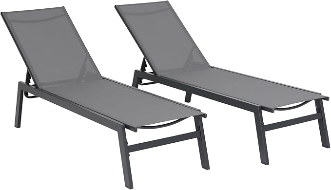 Outdoor Patio Chaise Lounges Set of 2, Sun Lounge Chairs w/Headrest, Sunbathing Recliner w/5 Adjustable Backrest, Breathable Textilene Fabric, For Outside Yard Balcony Garden Beach Pool, Grey