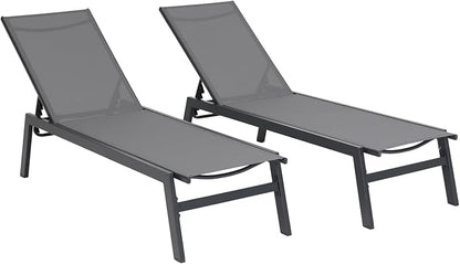 Outdoor Patio Chaise Lounges Set of 2, Sun Lounge Chairs w/Headrest, Sunbathing Recliner w/5 Adjustable Backrest, Breathable Textilene Fabric, For Outside Yard Balcony Garden Beach Pool, Grey