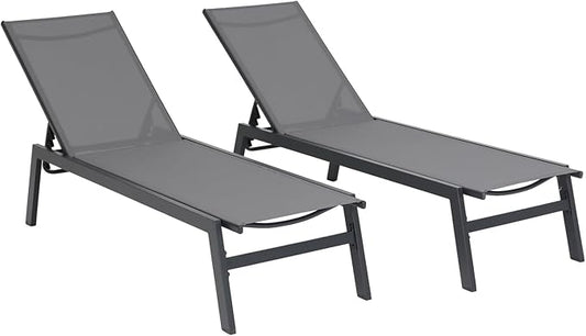 Outdoor Patio Chaise Lounges Set of 2, Sun Lounge Chairs w/Headrest, Sunbathing Recliner w/5 Adjustable Backrest, Breathable Textilene Fabric, For Outside Yard Balcony Garden Beach Pool, Grey