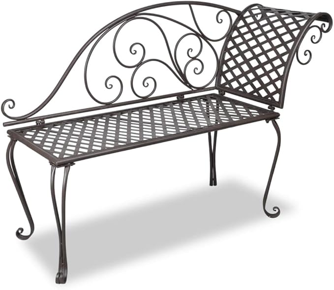 Antique Brown Steel Garden Chaise Lounge with Scroll Patterns, Ergonomic Design for Outdoor Comfort, Rust-Proof Durable Metal Patio Furniture, Easy Maintenance Classic Style