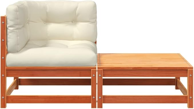 Wax Brown Patio Sectional Sofa with Cushions & Footstool Solid Pine Wood Outdoor Sectional Furniture Set for Garden - Photo 5