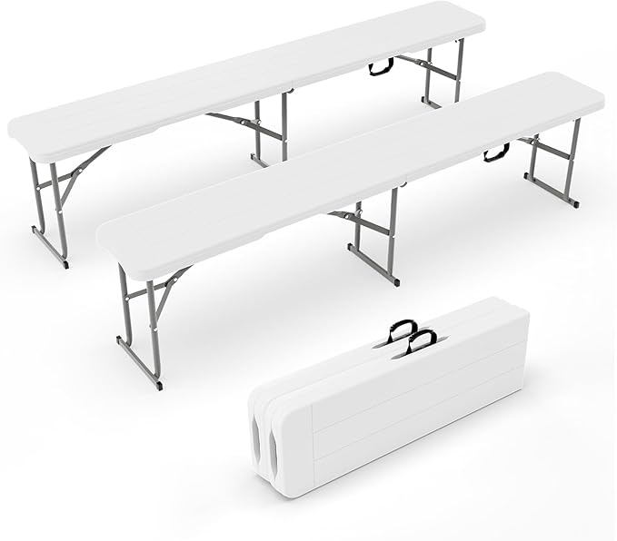 VINGLI 6 feet Plastic Folding Bench,Portable in/Outdoor Picnic Party Camping Dining Seat, Garden Soccer Multipurpose Entertaining Activities, Smooth HDPE Tabletop (2, White, 6ft)