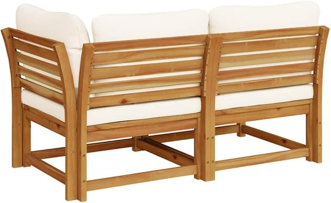 2 Piece Outdoor Sectional Sofa Set Cream White Acacia Wood Patio Couch with Removable Cushions Slatted Design Modular Small Balcony Garden Conversation for Deck Lawn Sunroom