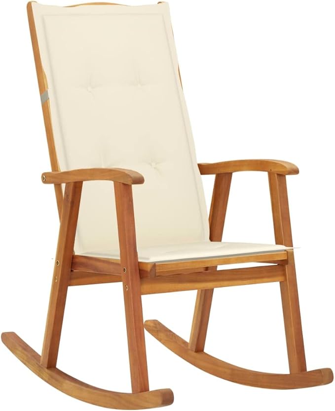 Solid Acacia Wooden Rocking Chair Cream Cushion 39.4"x22.4"x46.1" Outdoor Patio Garden Porch Balcony Natural Wood Comfortable Seating for Living Room Front Porch Indoor Outdoor Use