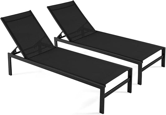 Tangkula Aluminum Lounge Chair Outdoor, Patio Adjustable Chaise Lounge with 6-Position Backrest, Aluminum Frame, Breathable Fabric, Lightweight Recliner Pool Chairs for Poolside, Backyard (2, Black)