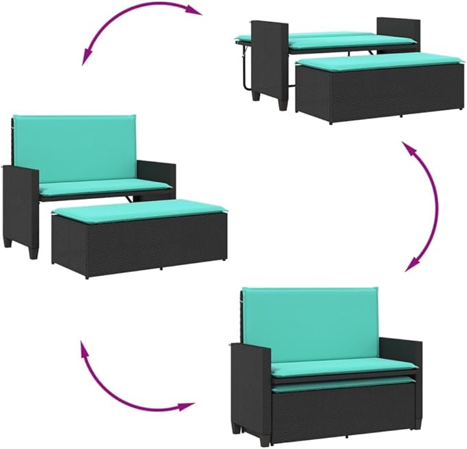 Garden Bench Deck Bench Patio Bench with Cushions and Footstool Black Poly Rattan - Photo 8