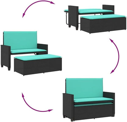 Garden Bench Deck Bench Patio Bench with Cushions and Footstool Black Poly Rattan