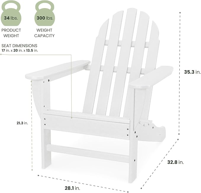 Hanover Classic Adirondack Chair, All-Weather HDPE Outdoor Furniture, Eco-Friendly, Durable Outdoor Patio Seating, White