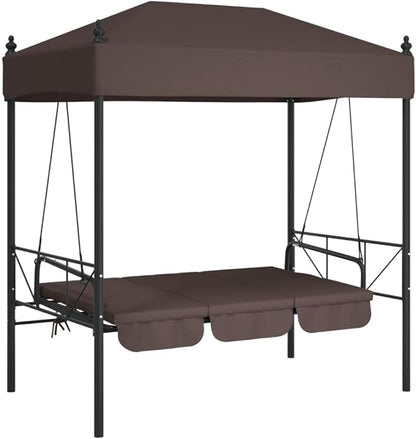 Garden Swing Bench for Patio, 3-Seater Outdoor Porch Swing with Adjustable Canopy, Convertible Bed, Powder-Coated Steel Frame, Weather-Resistant, Brown