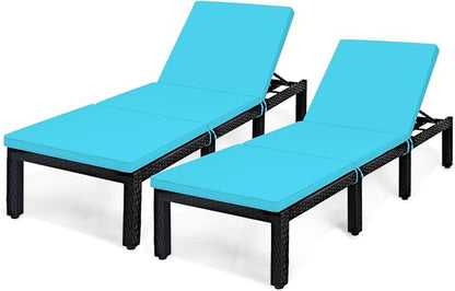 Tangkula Patio Wicker Lounge Chair, Outdoor Rattan Adjustable Reclining Backrest Lounger Chairs, Modern Outside Rattan Chaise with Seating and Back Cushion (2, Turquoise)