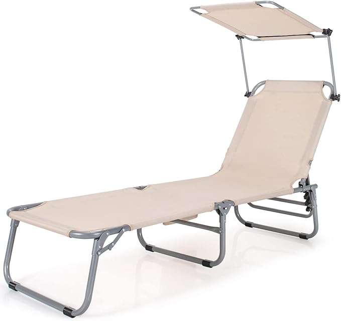 Tangkula Outdoor Folding Chaise Lounge Chair, 5-Fold Reclining Beach Chair, Patio Recliner Chair w/ 360° Canopy Shade & Side Storage Pocket, Portable Chaise Lounge for Beach, Sunbathing (2, Beige)