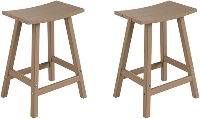 Costaelm All-Weather Bar Stools Set of 2, 24" Height Outdoor Bar Stools, Adirondack Poly Patio Bar Stool for Patio, Deck, Kitchen Counter and Garden, Weathered Wood