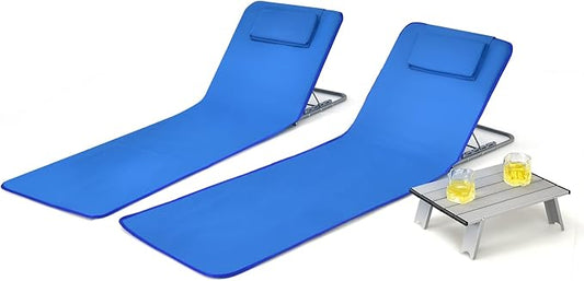 COSTWAY 3-Piece Beach Lounge Chairs, Outdoor Lounger with Side Table, 5 Reclining Positions, Lightweight & Portable Tanning Chairs for Sunbathing, Camping (Navy)