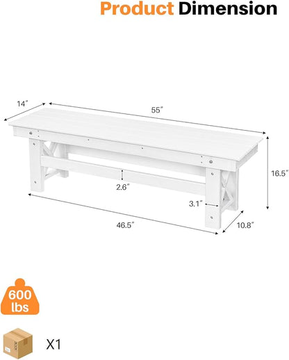 HDPE Outdoor Bench, 55" Patio Bench Outdoor Furniture, Poly Lumber Adirondack Benches, All Weather HDPE Patio Backless Benches for Park, Poolside, Garden, Porch, Pearl