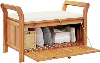 Solid Acacia Wood Outdoor Storage Bench Garden Bench Cream White Natural Wood 36x36x23.6in Rectangular Spacious Storage Modern Design Furniture for Patio Balcony Garden