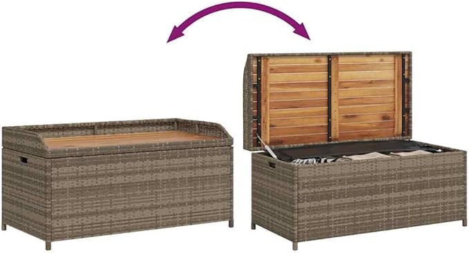 Storage Bench Grey and Brown, Modern Poly Rattan and Acacia Wood Storage Bench with Gas Spring Lid, UV Resistant and Water-Resistant for Patio Balcony Garden, Ample Capacity