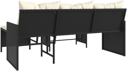 vidaXL L-Shaped Patio Sofa Set - Black Poly Rattan Outdoor Furniture with Acacia Wood Table and Cream White Cushions