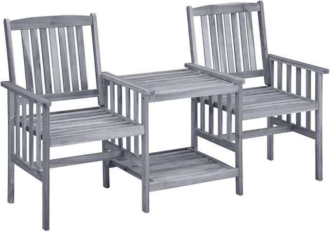 vidaXL Solid Acacia Wood Garden Patio Chairs with Tea Table and Beige Cushions - 62.6" L x 24" W x 36.2" H - Gray Finish - Photo 6
