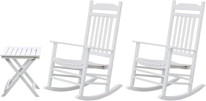 Patio Outdoor Rocking Chairs Small Foldable Side Table Set of 3 Piece Porch Wooden Comfy Rockers Folding End Table Furniture Indoor Outside Camping Balcony Lawn and Bistro, White
