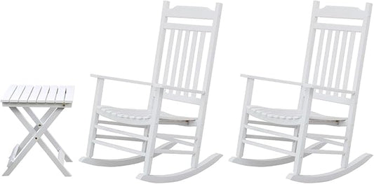 Patio Outdoor Rocking Chairs Small Foldable Side Table Set of 3 Piece Porch Wooden Comfy Rockers Folding End Table Furniture Indoor Outside Camping Balcony Lawn and Bistro, White