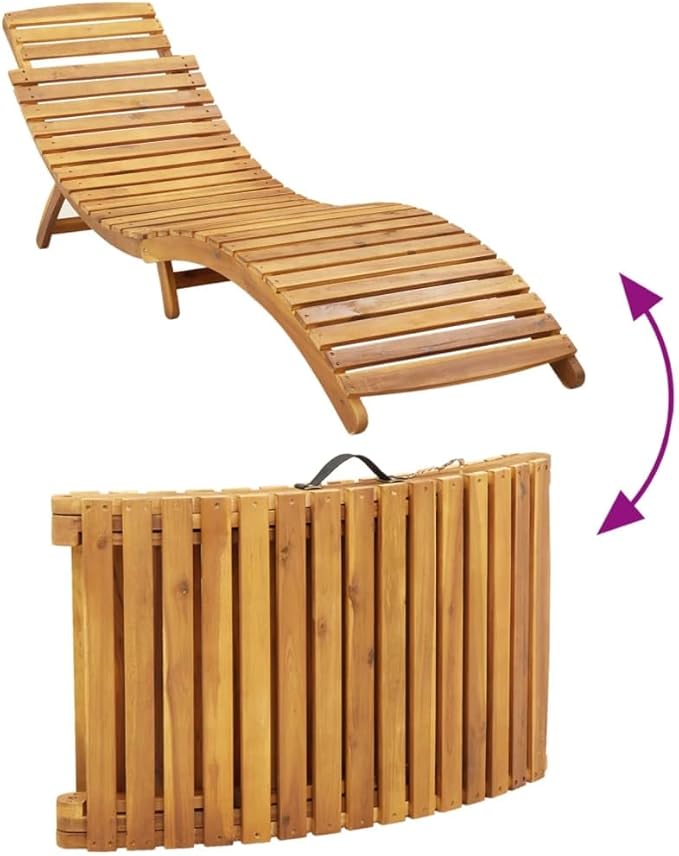 Foldable Acacia Sun Lounger 72.4" Beige Outdoor Chaise Lounge with Adjustable Armrests & Cushion - Photo 5
