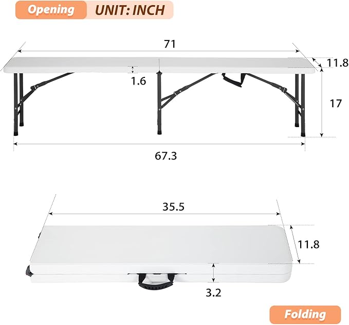 6FT Plastic Folding Bench Outdoor Bench Garden Bench Plastic Portable Bench with Carrying Handle for Picnic Camping Dining Party 1 Pack White