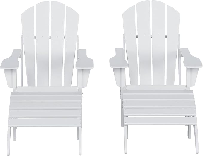 WestinTrends Malibu Outdoor Lounge Chair Set, 4-Pieces Adirondack Chair Set of 2 with Ottoman, All Weather Poly Lumber Patio Lawn Folding Chair for Outside Pool Beach, White