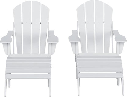 WestinTrends Malibu Outdoor Lounge Chair Set, 4-Pieces Adirondack Chair Set of 2 with Ottoman, All Weather Poly Lumber Patio Lawn Folding Chair for Outside Pool Beach, White