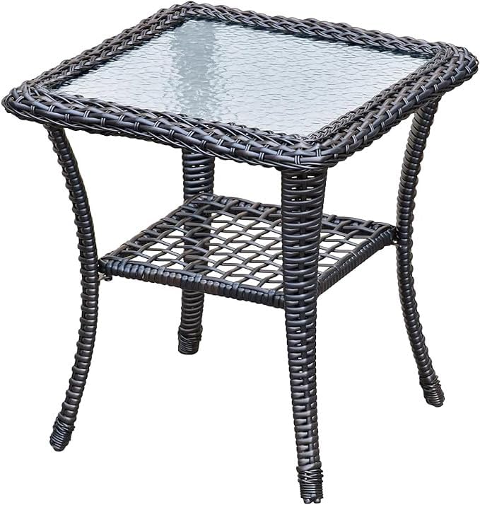 Outdoor Glass Side Table, End Table with Glass Top, Patio Coffee Bistro Table for Indoor Garden Porch Balcony (Black, Square 18x18x23in)