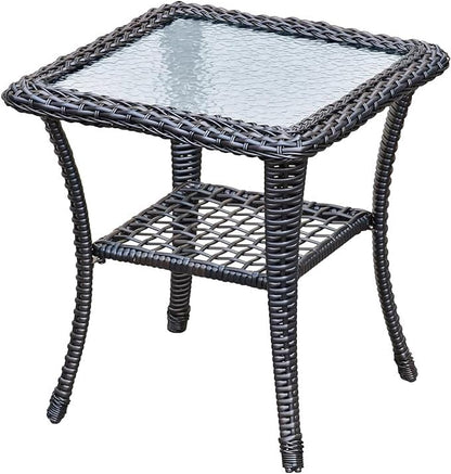 Outdoor Glass Side Table, End Table with Glass Top, Patio Coffee Bistro Table for Indoor Garden Porch Balcony (Black, Square 18x18x23in)
