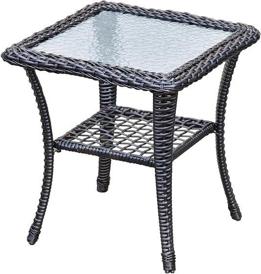 Outdoor Glass Side Table, End Table with Glass Top, Patio Coffee Bistro Table for Indoor Garden Porch Balcony (Black, Square 18x18x23in)