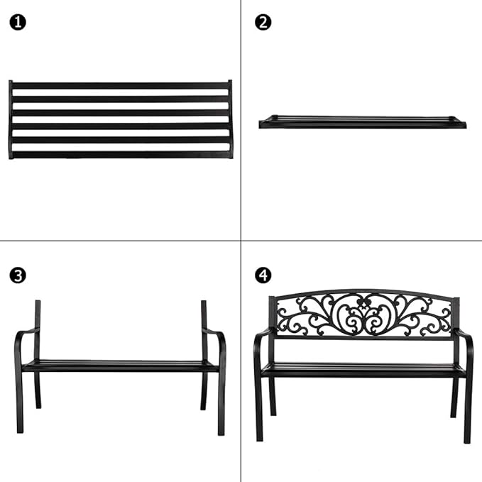 VINGLI 50" Patio Outdoor Metal Bench,Powder Coated Cast Iron Steel for Garden Path Yard Lawn Work Entryway Decor Deck, Black