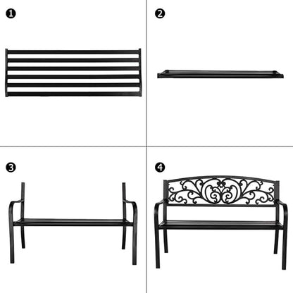 VINGLI 50" Patio Outdoor Metal Bench,Powder Coated Cast Iron Steel for Garden Path Yard Lawn Work Entryway Decor Deck, Black
